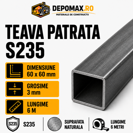 Teava patrata 60 x 60 x 3 mm, 6 metri